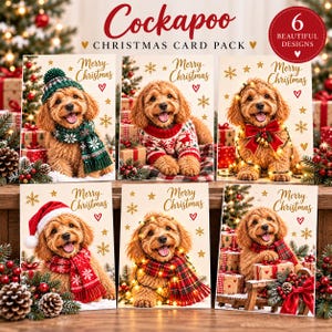 May include: A pack of six Christmas cards featuring Cockapoo dogs in various holiday outfits, including scarves, sweaters, and Santa hats. Each card displays the text Merry Christmas, gold stars, and snowflakes on a cream-colored background.