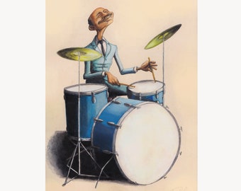 The Jazz Drummer in Colour / print/ Gifts for Drummers /Vintage 1920's / A4 Picture