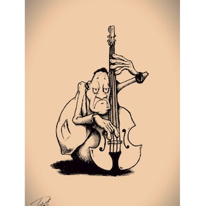 May include: A black and white cartoon illustration of a person playing a double bass. The person has a large head and a small body. The person is sitting down and holding the bass with both hands.