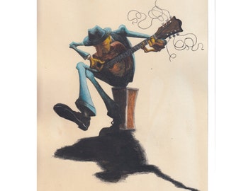 Colour/ Limited Edition/ Old Blues Guitar Player/ Cartoon /Vintage / A3 Wall Picture /Music /Grand Ole Art Style / Print
