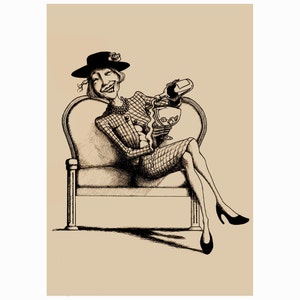 May include: A black and white illustration of a woman in a hat and dress pouring a drink from a bottle into a glass. She is sitting in a chair with a smile on her face.