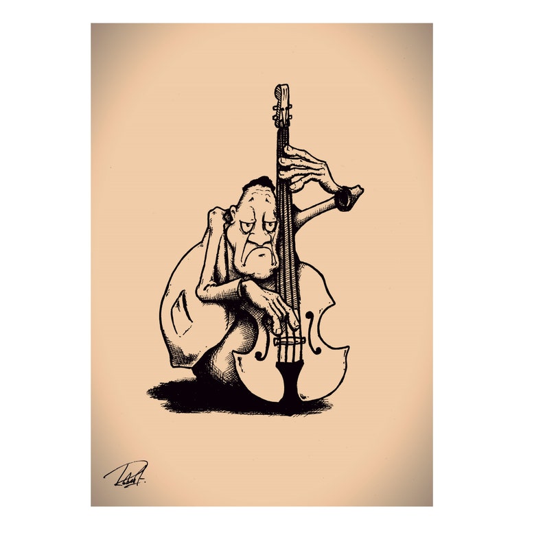 May include: A black and white cartoon illustration of a person playing a double bass. The person has a large head and a small body. The person is sitting down and holding the bass with both hands.