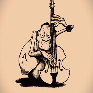 May include: A black and white line drawing of a person playing a double bass. The person is drawn in a cartoon style with exaggerated features. The double bass is drawn realistically.
