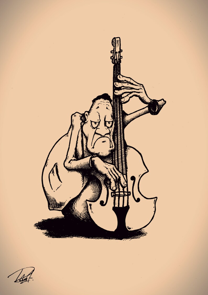 May include: A black and white line drawing of a person playing a double bass. The person is drawn in a cartoon style with exaggerated features. The double bass is drawn realistically.