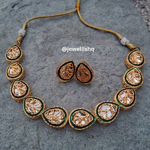 Handmade Gold Green Kundan Choker for women | Meenakari Necklace Set with Earring | Wedding | Engagement | Party | Indian jewelery | Pearl