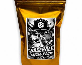 May include: A gold-colored foil pouch containing a Legacy Select Baseball Mega Pack. The label features a black and white illustration of a baseball player swinging a bat, with text stating 1 guaranteed autograph, relic, or numbered card.
