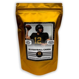 May include: A gold foil bag containing 35 football cards. The bag features a rectangular label with an image of a football player wearing a black and gold uniform. Text on the label includes "Cards From Top Brands" and "Rookies, Parallels & Inserts!"
