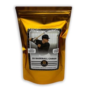 May include: A gold foil package containing 35 baseball cards. The front of the package features an image of a baseball player swinging a bat. Text on the package reads "Cards From Top Brands", "Rookies, Parallels & Inserts", and "35 Baseball Cards".