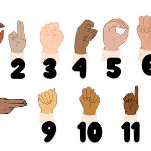 May include: Illustration of hands demonstrating American Sign Language (ASL) numbers 1 through 11. Each hand gesture is paired with a corresponding black number against a white background. The hands vary in skin tone.