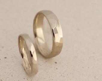 White gold wedding rings hammered, polished. Recycled, fair trade