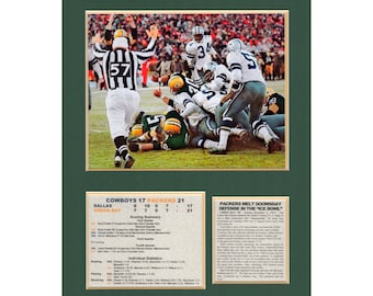 May include: A vintage photo of a football game with the caption "COWBOYS 17 PACKERS 21" and "PACKERS MELT DOOMSDAY DEFENSE IN THE "ICE BOWL.""