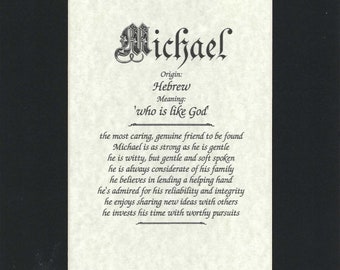 Name origin/meaning, black mat, 8 x 10 parchment paper