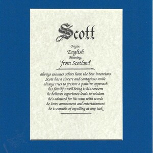 Name origin/meaning, royal blue mat, 8 x 10 parchment paper
