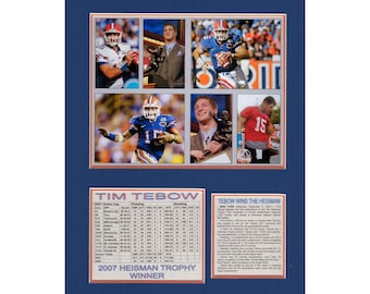 Op de afbeelding: Een collage van foto's van Tim Tebow, een American football-speler, in verschillende poses. De collage bevat foto's van hem tijdens het spelen van American football, het vasthouden van de Heisman Trophy en het vieren. De collage bevat ook een tabel met statistieken van zijn seizoen 2007. De tekst "Tim Tebow" en "2007 Heisman Trophy Winner" is ook opgenomen in de collage.