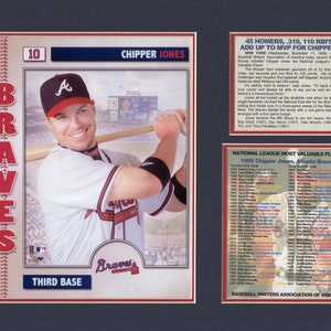 May include: A baseball card featuring Chipper Jones, a baseball player for the Atlanta Braves. The card is red, white, and blue with the team logo and the player's number 10. The card also includes text that says "45 Homers, 319, 110 RBI's Add Up To MVP For Chipper!" and "National League Most Valuable Player 1999 Chipper Jones, Atlanta Braves".
