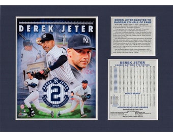 May include: A framed print of a collage of photos of Derek Jeter, a former baseball player for the New York Yankees. The print includes a photo of Jeter in his uniform, a photo of him holding a baseball bat, and a photo of him wearing a cap. The print also includes the text "Derek Jeter" and "New York Yankees." The print is surrounded by a black frame.