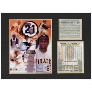 May include: A collage of photos of Roberto Clemente, a Hall of Fame baseball player, wearing a Pittsburgh Pirates uniform. The collage includes a photo of Clemente with the number 21 on his jersey, a photo of him batting, and a photo of him with other players. The text "Roberto Clemente" and "Pirates" is visible in the collage. The text "CLEMENTE INDUCTED TO BASEBALL'S HALL OF FAME" is also visible in the collage.