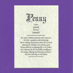 Name origin/meaning, purple mat, 8 x 10 parchment paper