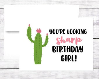 Birthday Card - Funny - Pun - Looking Sharp - Happy Birthday - Friend - Mom - Sister - Aunt - Pink and Green