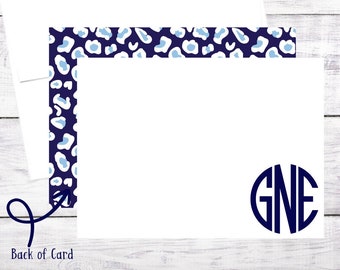 20 Personalized Flat Note Cards - Monogram - Classic - Girl - Leopard - Blue - Birthday - Christmas - Thank You Note - Free Shipping