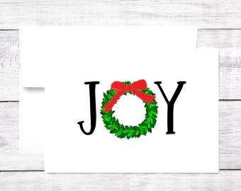 Christmas Card - Merry and Bright - Joy - Wreath - Happy Holidays - Greeting Card - Red and Green - Free Shipping