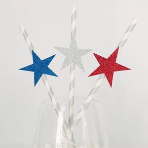 12 Fourth of July Party Straws - Stars - USA - America - Patriotic - Memorial Day - BBQ - 1776 - Red, White and Blue - Striped - Glitter