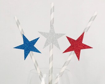 Patriotic Party Straws: Red, White, and Blue Glitter Stars - Set of 12