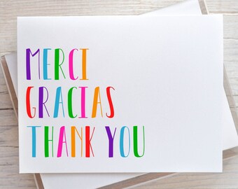 10 Thank You Cards - Colorful - Languages - Modern - Block Lettering - Birthday - Merci - Gracias