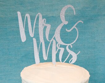 Mr and Mrs Wedding Cake Topper - Silver Glitter - Wedding Reception - Bride and Groom - Wedding Shower - Bridal Shower - Engagement