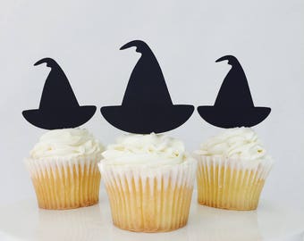 12 Witch Hat Cupcake Toppers - Halloween - Halloween Party - Scary - Party Decorations -  Party Supplies - October - Glitter