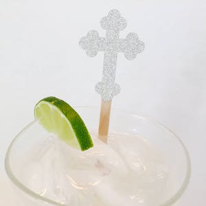 15 Glitter Cross Swizzle Sticks - Baptism - Drink Stirrers - Religious - First Communion - Confirmation - Brunch - Celebration