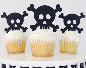 12 Skull and Crossbones Cupcake Toppers - Halloween - Halloween Party - Scary - Party Decorations -  Party Supplies - October - Glitter