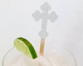 15 Glitter Cross Swizzle Sticks - Baptism - Drink Stirrers - Religious - First Communion - Confirmation - Brunch - Celebration