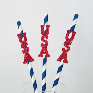 12 Fourth of July Party Straws - Stars - USA - America - Patriotic - Memorial Day - BBQ - 1776 - Red, White and Blue - Striped - Glitter