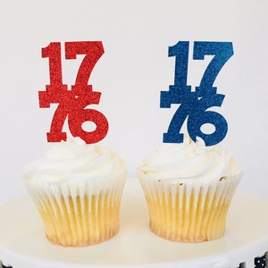 12 &#39;1776&#39; Glitter Cupcake Toppers: Patriotic 4th of July Party