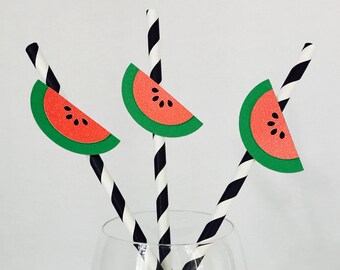 Watermelon Party Straws: Striped Paper Straws, Summer BBQ (12 ct)