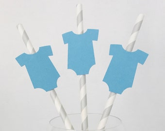 Baby Shower Straws: Blue Onesie, Striped Paper Straws (Set of 12)