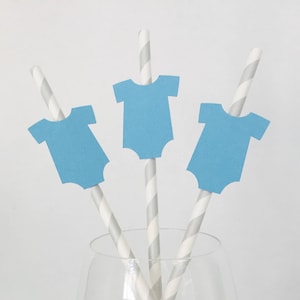 Baby Shower Straws: Blue Onesie, Striped Paper Straws (Set of 12)