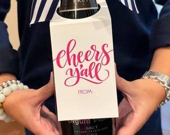 Cheers Y'all Wine Bottle Tag, Southern Hostess Gift, Hand-Lettered Typography (3x8 inches)