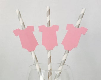 Baby Shower Straws: Pink Onesie, Striped Paper - Set of 12
