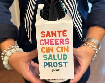 Multilingual Cheers Wine Bottle Tag, Hostess Gift, Celebration Gift