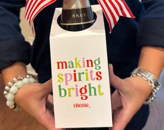 Making Spirits Bright Wine Bottle Tag, Holiday Hostess Gift (3x8 inches)