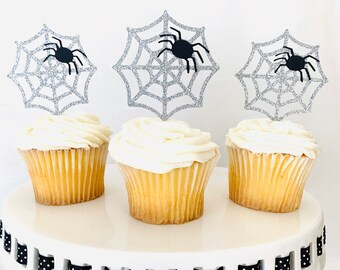 Halloween Cupcake Toppers: Silver Glitter Spider Web Party Decor
