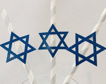 12 Star of David Straws - Hanukkah - Chanukah - Blue and Silver - Holiday Party