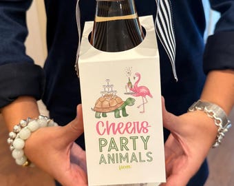 Party Animal Wine Bottle Tag, Flamingo Turtle Cheers Gift (3x8 inches)