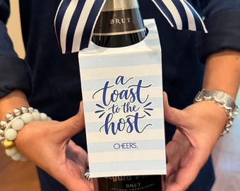A Toast to the Host Wine Bottle Tag, Navy Striped, Housewarming Gift