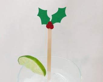 15 Christmas Swizzle Sticks - Holly - Red Glitter - Green - Christmas Party - Cheers - Stir Sticks - Holiday Party - Cocktail Party