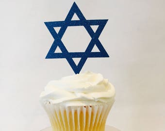 12 Star of David Cupcake Toppers - Hanukkah - Chanukah - Blue Glitter - Hanukkah Party - Cake Toppers - Party Decor