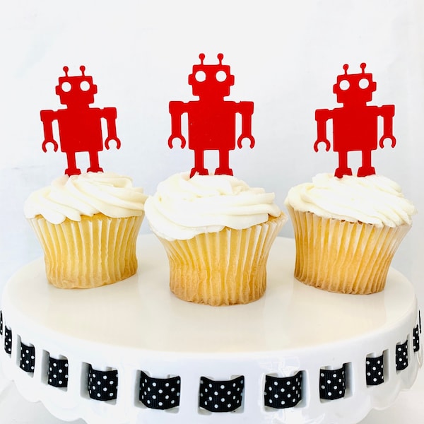 Robot Cupcake Toppers - Boy Birthday Party - Free Shipping