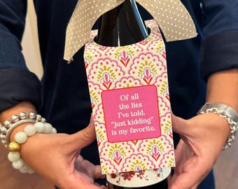 Funny Wine Bottle Tag, Sarcastic Hostess Gift, Coral Gold Pattern